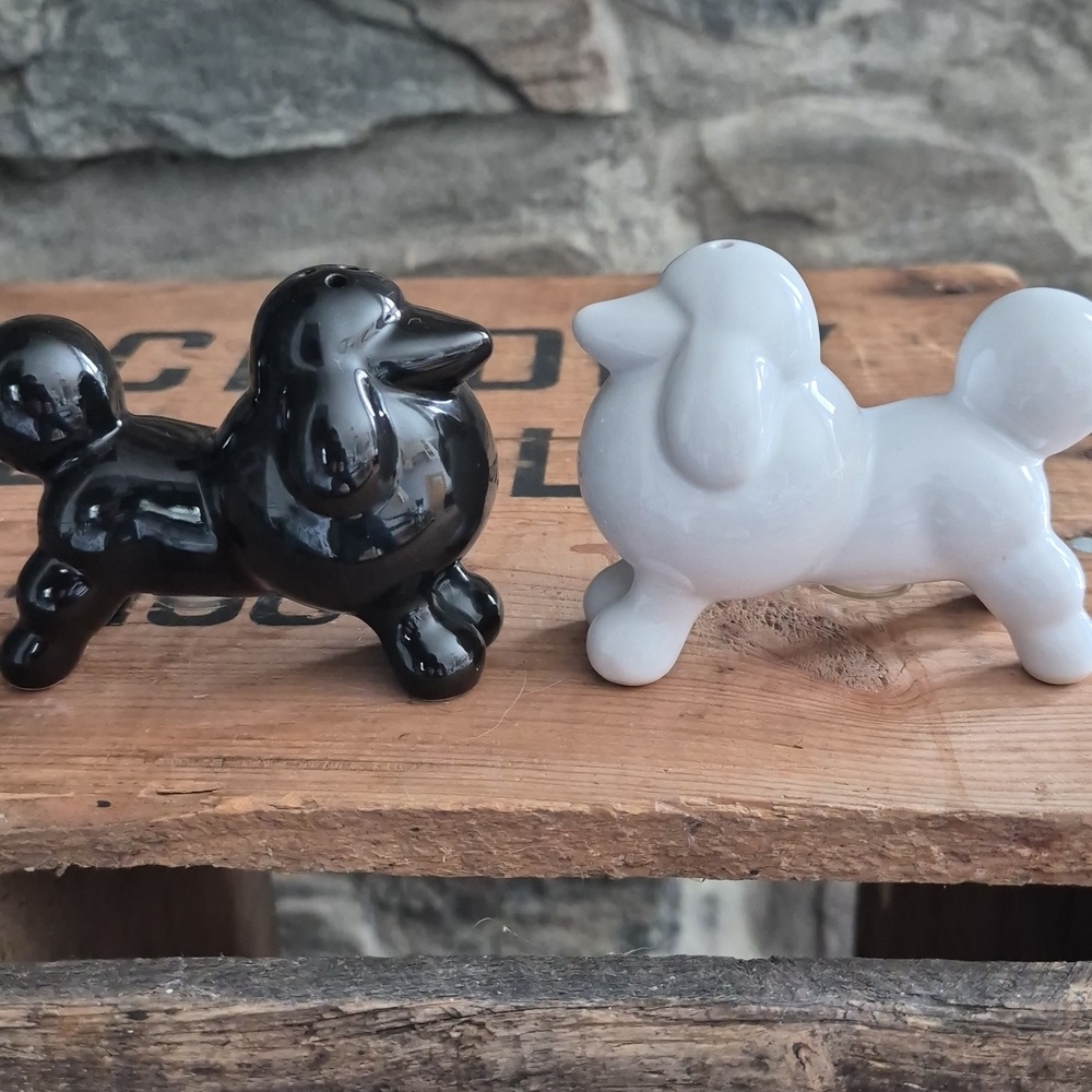 Pair Of Glossy Ceramic Poodle  Salt and Pepper Shakers - Black & White